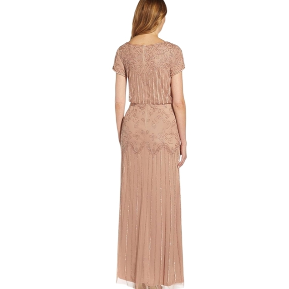 Adrianna Papell Beaded Chiffon Flowy Formal Maxi Gown Neutral Blush  NWT Sz 10 - Picture 2 of 8